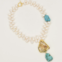 Freshwater Cultured White Pearl Blue Turquoise Necklace  - Thumbnail 4