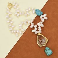 Freshwater Cultured White Pearl Blue Turquoise Necklace  - Thumbnail 5