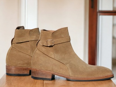  Handmade Beige  Ankle High Suede Leather Boot, Jodhpurs Boot