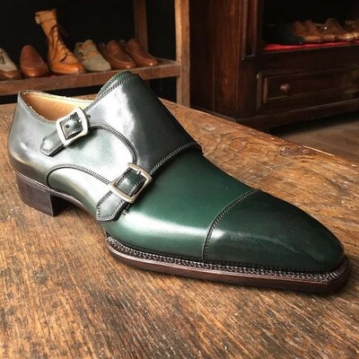 Handmade leather double monk shoes green patina leather dress formal wear shoes for men 
