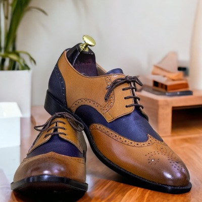 Handmade blue & brown leather, lace up wing tip brogue , dress shoes