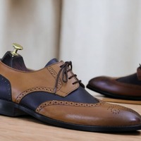 Handmade Blue & Brown Leather, Lace Up Wing Tip Brogue , Dress Shoes - Thumbnail 1
