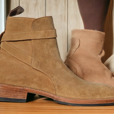 Hand made beige ankle high suede leather boot, jodhpurs boot - Thumbnail 1