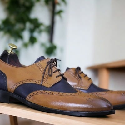 Handmade blue & brown leather, lace up brogue wing tip, dress shoes - Thumbnail 1