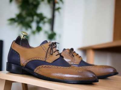 Handmade Blue & Brown Leather, Lace Up Brogue Wing Tip, Dress Shoes