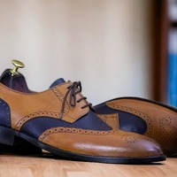 Handmade Blue & Brown Leather, Lace Up Brogue Wing Tip, Dress Shoes - Thumbnail 1