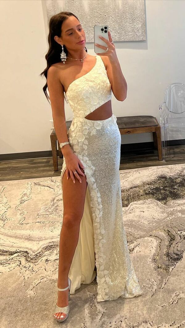 One Shoulder Bodycon Sequined Floral Split Long Evening Dress