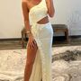 One Shoulder Bodycon Sequined Floral Split Long Evening Dress-1