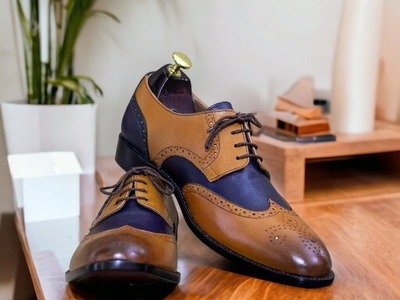 Handmade Blue & Brown Leather, Lace Up Brogue Toe,Dress Shoes