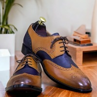 Handmade Blue & Brown Leather, Lace Up Brogue Toe,Dress Shoes - Thumbnail 4