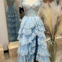 Off The Shoulder Ruffles Split Evening Prom Dress - Thumbnail 2