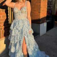 Off The Shoulder Ruffles Split Evening Prom Dress - Thumbnail 3