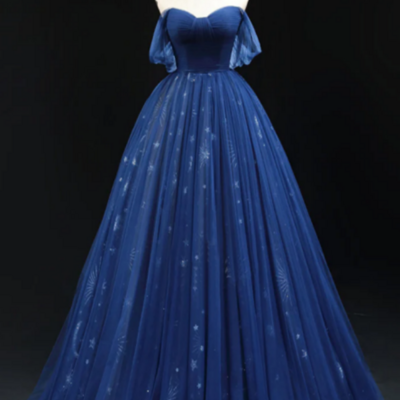 A line off shoulder sweetheart neck dark blue long prom dress, blue formal dress kpp1579