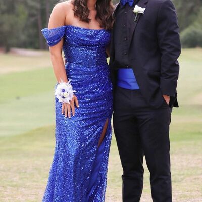 Royal blue sequins off the shoulder long prom evening dress - Thumbnail 3