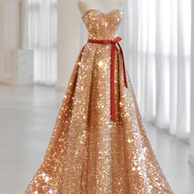 A line sweetheart neck velvet sequin champagne gold long prom dress kpp1580 - Thumbnail 2