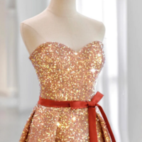 A Line Sweetheart Neck Velvet Sequin Champagne Gold Long Prom Dress KPP1580 - Thumbnail 2