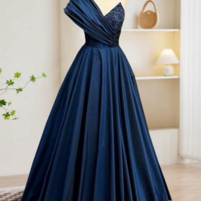 A line one shoulder satin beads dark blue long prom dress, blue long evening dress kpp1581