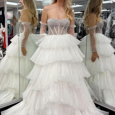 Luxury beaded organza pleated a-line long evening prom dress - Thumbnail 1