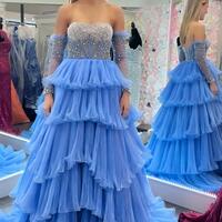 Luxury Beaded Organza Pleated A-Line Long Evening Prom Dress - Thumbnail 1