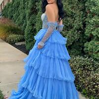 Luxury Beaded Organza Pleated A-Line Long Evening Prom Dress - Thumbnail 2