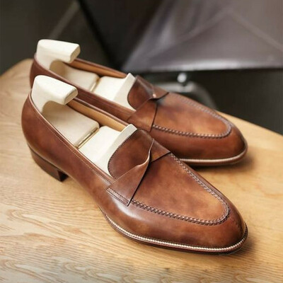 Handmade leather loafers brown leather moccasins dress shoes for men, ready to wear formal dress sheos