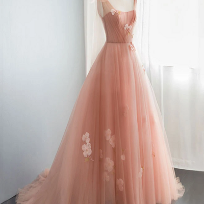 Pink v neck tulle long prom dress, tulle evening dress