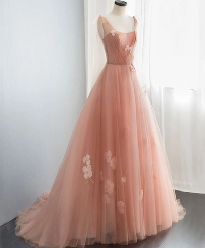 Pink V Neck Tulle Long Prom Dress, Tulle Evening Dress