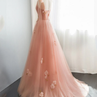Pink V Neck Tulle Long Prom Dress, Tulle Evening Dress - Thumbnail 1