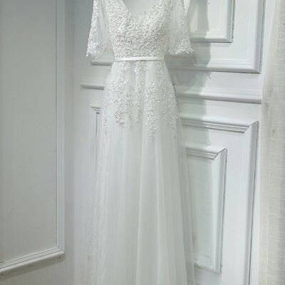 A-line v-neck tulle formal prom dress, modest beautiful long prom dress, banquet party dress