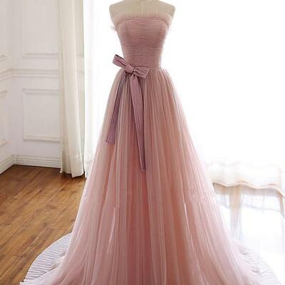 Simple pink fashionable scoop tulle long wedding party dress with bow, 