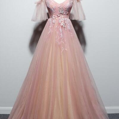 Beautiful pink straps v-neckline tulle floral prom dress, pink floor length party dress