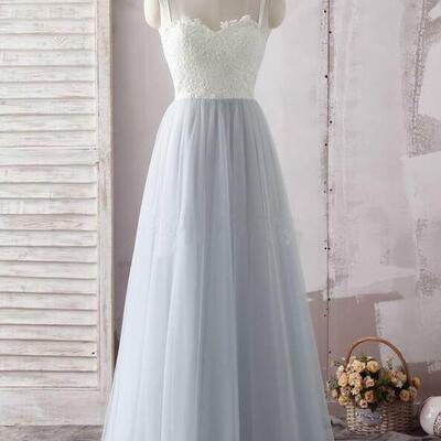Elegant straps sleeveless appliqued tulle a-line prom dresses