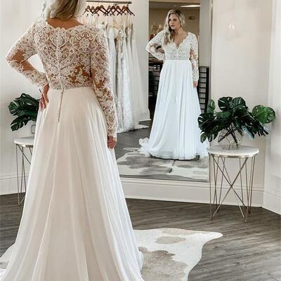 Modest plus size wedding dress long sleeve bridal gowns sweep train chiffon lace appliques robe de mariee simple big elegant robe，1646 - Thumbnail 1