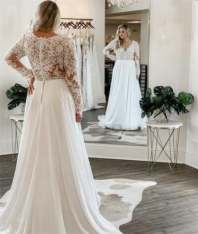 Modest Plus Size Wedding Dress Long Sleeve Bridal Gowns Sweep Train Chiffon Lace Appliques Robe De Mariee Simple Big Elegant Robe，1646