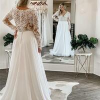 Modest Plus Size Wedding Dress Long Sleeve Bridal Gowns Sweep Train Chiffon Lace Appliques Robe De Mariee Simple Big Elegant Robe，1646 - Thumbnail 1