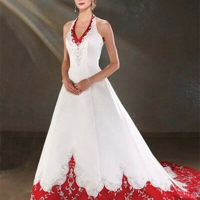 Vintage design white and red wedding dresses halter neck beaded embriodery a line satin bridal gowns,1647 - Thumbnail 1