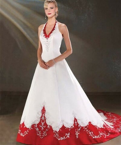 Vintage Design White and Red Wedding Dresses Halter Neck Beaded Embriodery A Line Satin Bridal Gowns,1647