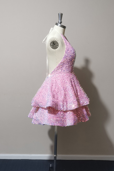 Tiered Halter Pink Sequined Short Homecoming Dress,1649