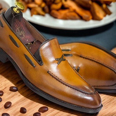 Handmade men's brown leather loafer shoes , slip on moccasin shoes