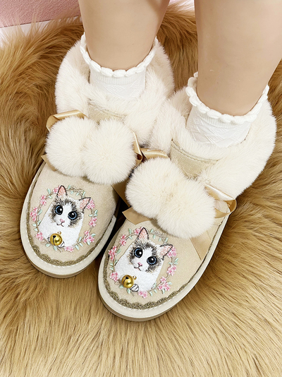 Mori Girl Floral Kitty Snow Boots