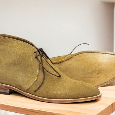 Men's handmade beige lace up suede chukka boot, fashion boot - Thumbnail 1