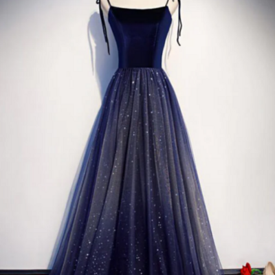 Dark blue starry prom dresses spaghetti strap long evening dress kpp1582