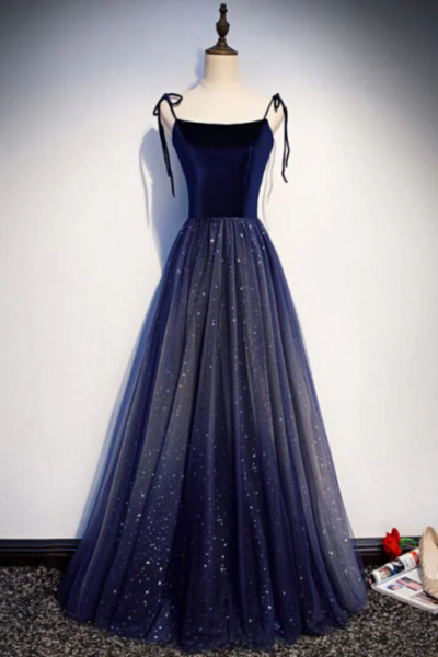 Dark Blue Starry Prom Dresses Spaghetti Strap Long Evening Dress KPP1582