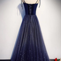 Dark Blue Starry Prom Dresses Spaghetti Strap Long Evening Dress KPP1582 - Thumbnail 1