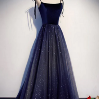 Dark Blue Starry Prom Dresses Spaghetti Strap Long Evening Dress KPP1582 - Thumbnail 2