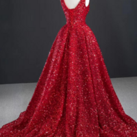 Sparkly Red Sequin High Low Prom Dresses Vintage Ball Gown KPP1583 - Thumbnail 1