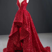 Sparkly Red Sequin High Low Prom Dresses Vintage Ball Gown KPP1583 - Thumbnail 2