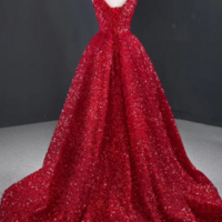 Sparkly Red Sequin High Low Prom Dresses Vintage Ball Gown KPP1583 - Thumbnail 4