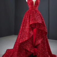 Sparkly Red Sequin High Low Prom Dresses Vintage Ball Gown KPP1583 - Thumbnail 3