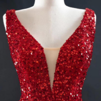 Sparkly Red Sequin High Low Prom Dresses Vintage Ball Gown KPP1583 - Thumbnail 5